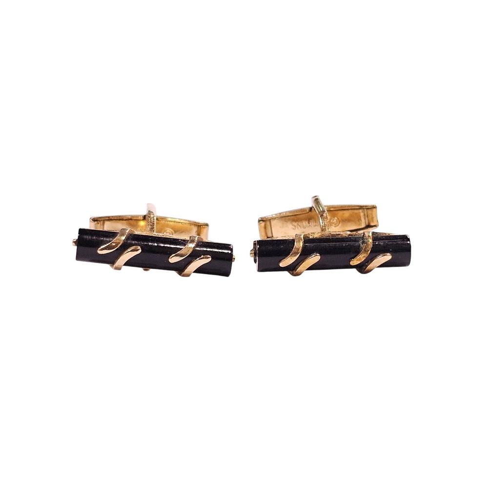 Vintage Emmons Black Enamel and Gold-Tone Mid-Century Modern Cufflinks